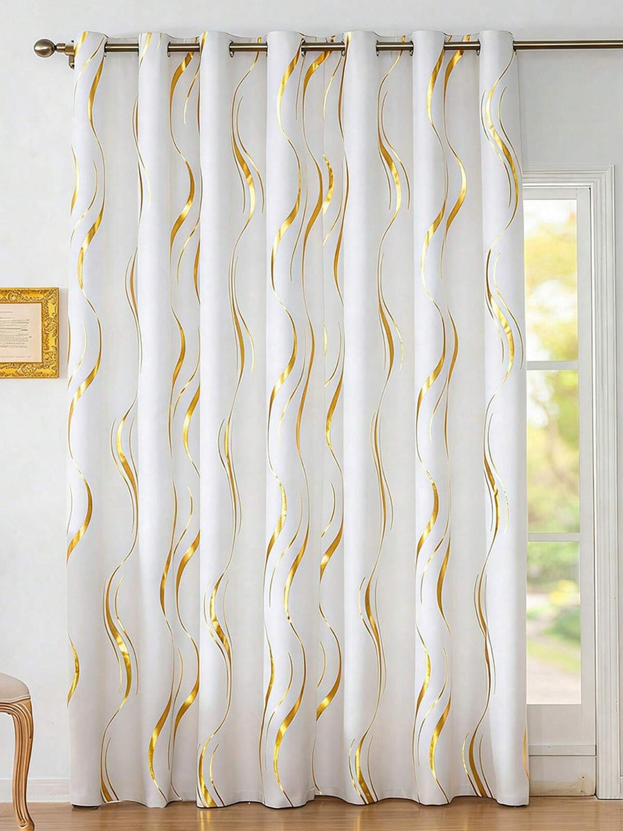 1pc Elegant Soft High-Precision Foil Wave Textured Curtain, Thermal Insulation Eyelet Top Design Blackout Curtain, Suitable For Bedroom/Living Room/Home Decor, Luxurious Gold Curtain