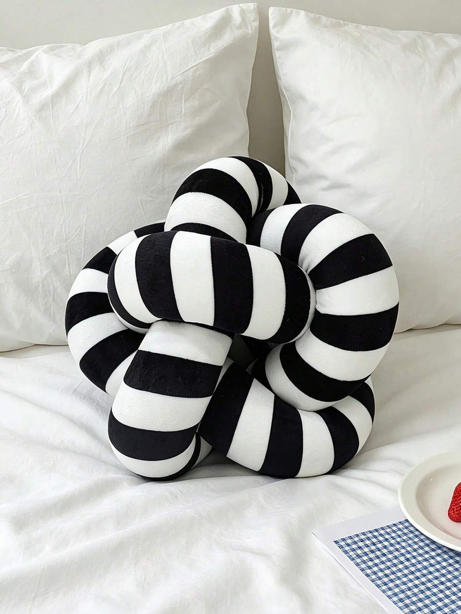1pc Classic Black & White Striped Knotted Throw Pillow, Minimalist Ins Style Creative Ball Shaped Sofa Cushion, Suitable For Bedroom & Living Room Decor, Handmade Knitted, 3 Size Options