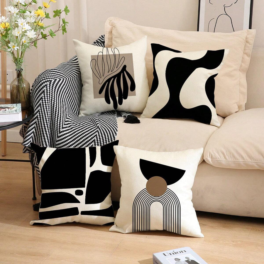 4pcs Bohemian Abstract Style Pillow Covers, Black & Beige Geometric Pattern Cushion Covers, Modern Decorative Sofa Living Room Throw Pillow Covers