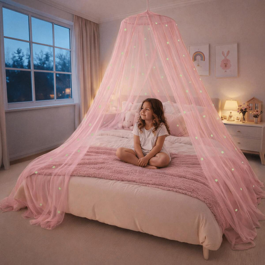 1 Pc Pink Bed Canopy For Girls With Glowing Stars - Premium Canopy Bed Curtains | Fits Single, Twin, Full, Queen Size Kids Bed, Princess Netting Room Decor, Ceiling Tent To Cover Toddler, Canopy For Bed